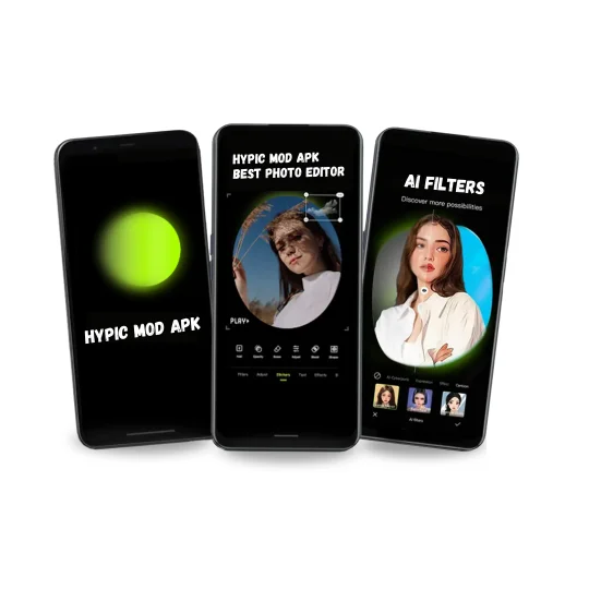 Hypic Mod APK photo editor showcasing AI filters and editing features on smartphone screens – best photo editing app for Android ,ios and PC. | hypic apk