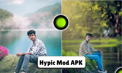 Before and after image edited with Hypic Mod APK, showcasing advanced photo enhancements with scenic backgrounds – one featuring misty mountains and a lake, the other a vibrant forest with dynamic lighting and a flying bird. | Hypic mod apk