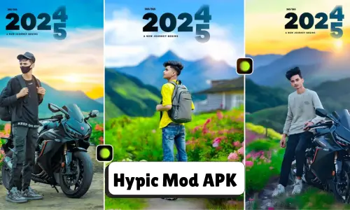 Photo transformation using Hypic Mod APK – vibrant backgrounds, AI retouching, and color enhancement on portrait images with 2024 text overlays. | hypic mod apk
